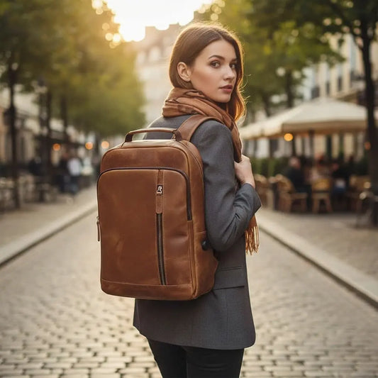 Femme portant un sac à dos en cuir de vachette marron au style vintage dans une rue urbaine.