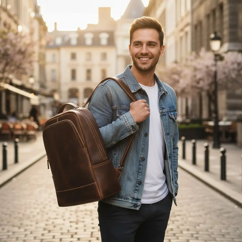 Homme avec sac à dos en cuir de vachette pleine fleur marron lors d’un déplacement en centre-ville.