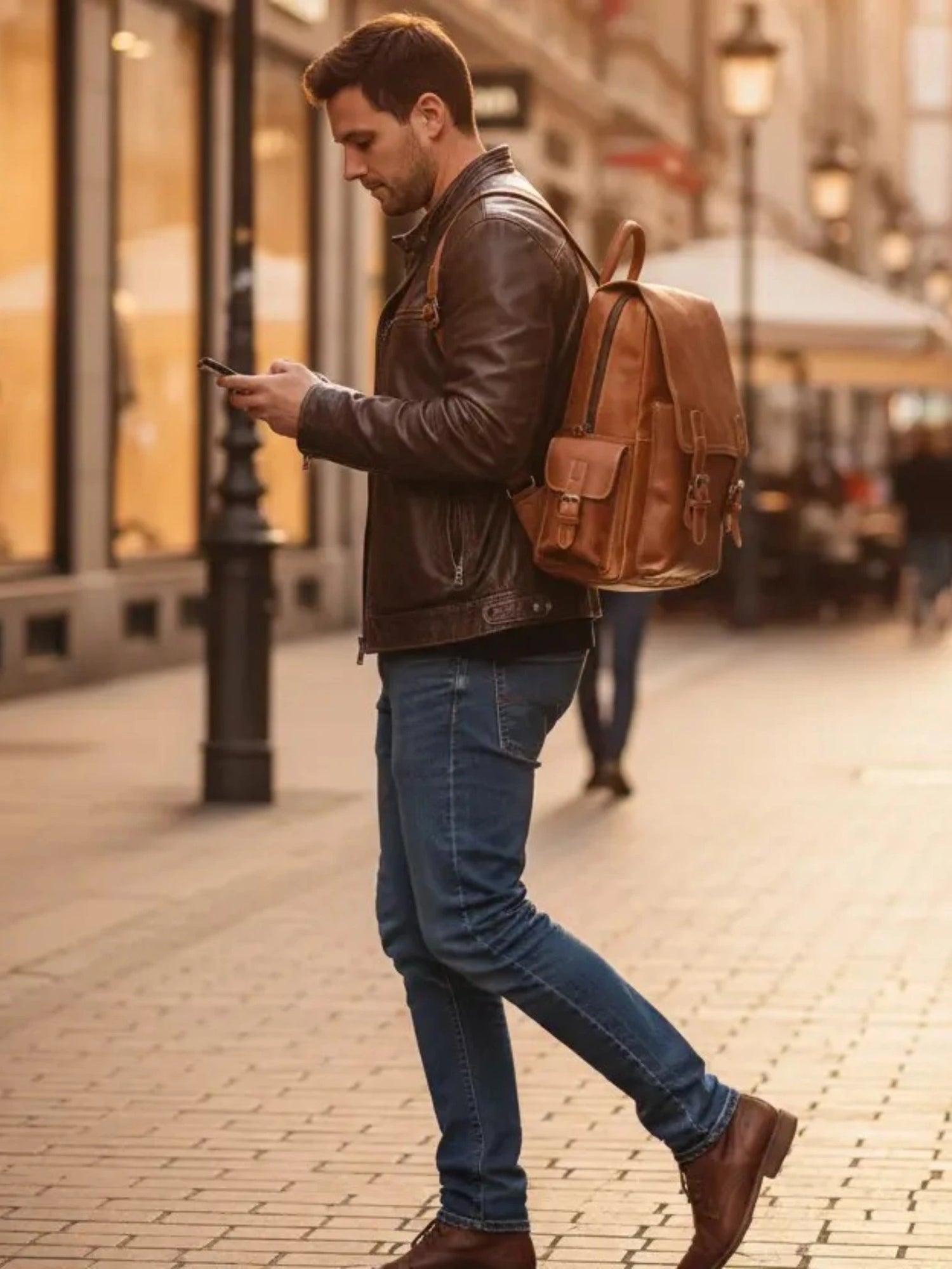 sac à dos cuir vachette homme en situation marche style urbain rétro élégant