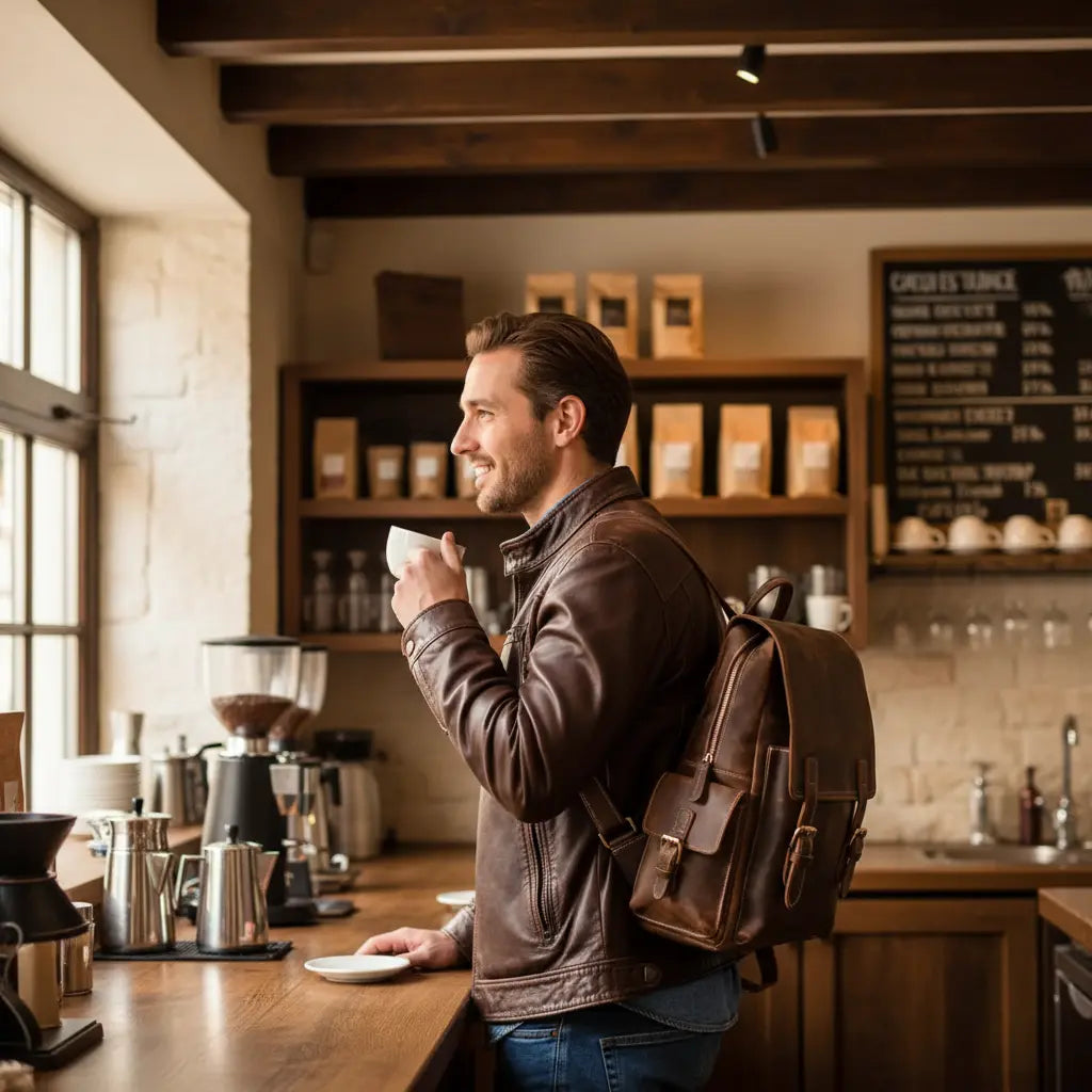 sac à dos cuir vachette homme vintage marron foncé porté sur le dos vue profil