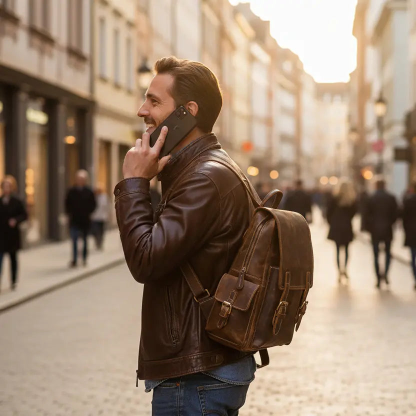 sac à dos cuir vachette homme vintage marron foncé porté en ville style urbain