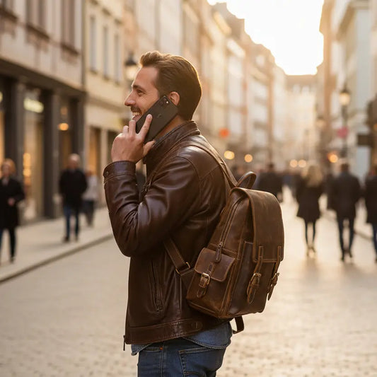 sac à dos cuir vachette homme vintage marron foncé porté en ville style urbain