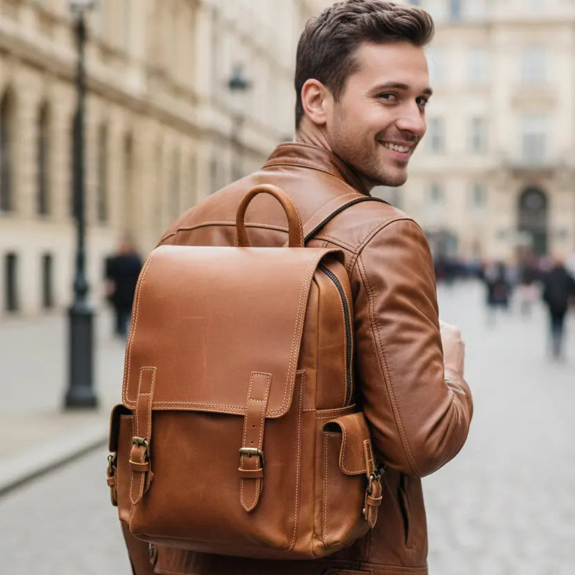sac à dos cuir vachette homme vintage porté dos style urbain marron élégant