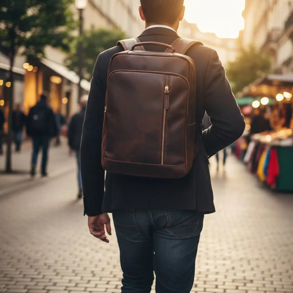 Vue arrière d’un sac à dos homme en cuir de vachette marron avec design minimaliste et format professionnel.