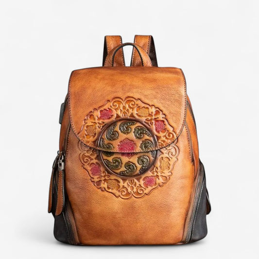 Sac à dos en cuir de vachette gaufré brun avec motif floral ethnique coloré et bretelles réglables