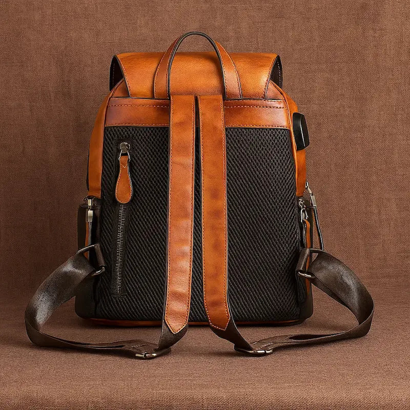 Vue arrière du sac à dos en cuir de vachette gaufré avec bretelles ajustables et renfort respirant