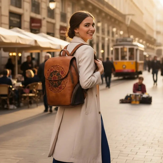 Sac à dos en cuir de vachette avec motif ethnique floral gaufré porté par une femme en ville