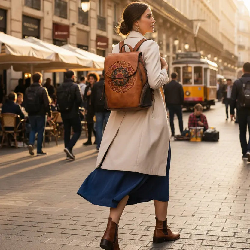 Sac à dos en cuir de vachette avec motif ethnique floral gaufré porté par une femme en ville