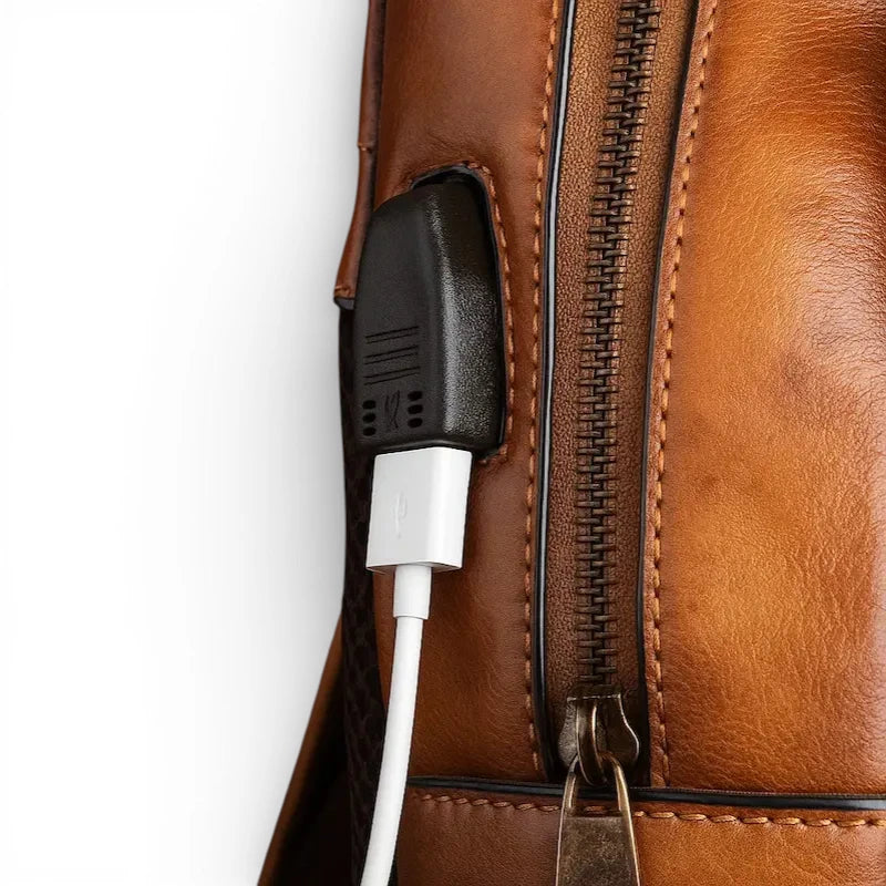 Détail du port USB intégré sur le côté du sac à dos en cuir de vachette brun