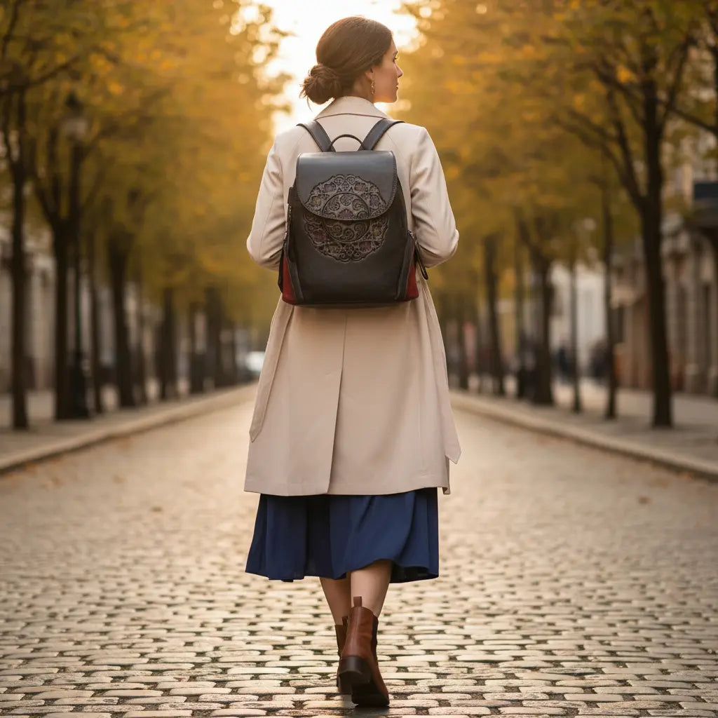 Sac à dos en cuir de vachette noir avec motif ethnique floral porté par une femme vue de dos dans une rue pavée en automne