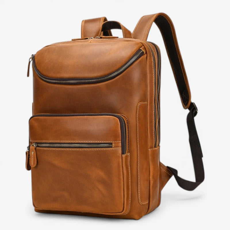 Sac à dos cuir vachette pleine fleur homme camel style vintage avec grande capacité