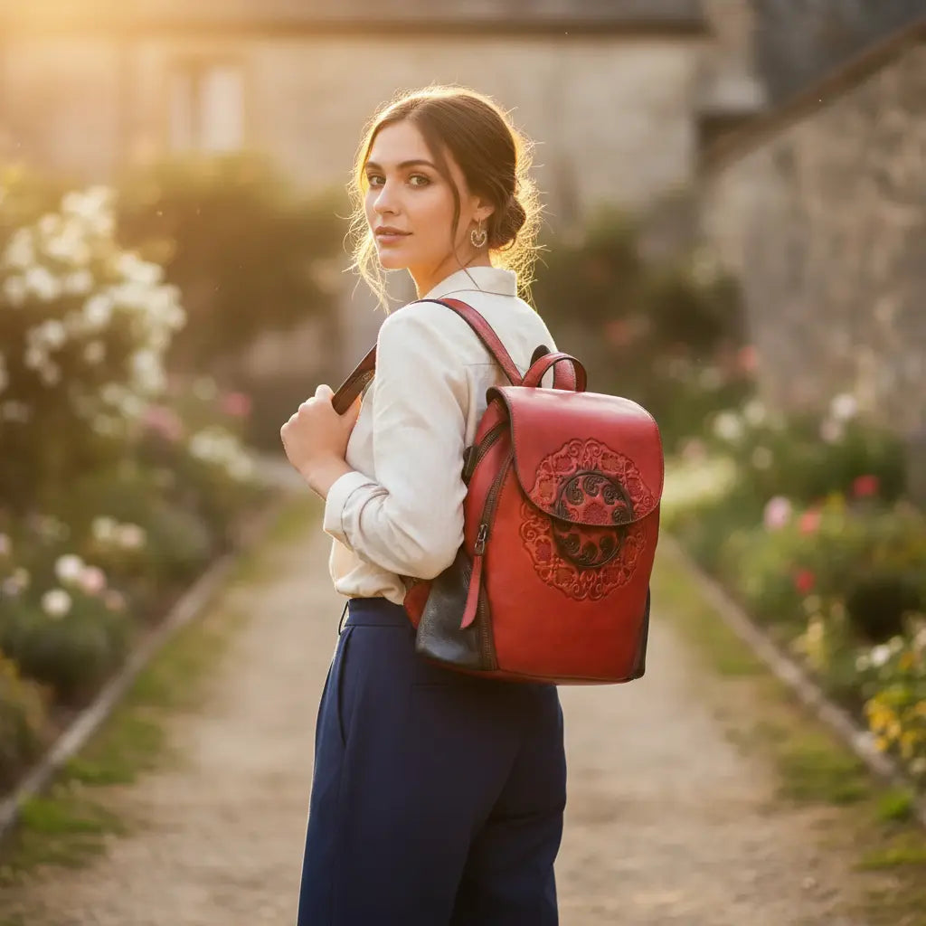 Sac à dos en cuir de vachette rouge avec motif ethnique floral porté par une femme en extérieur