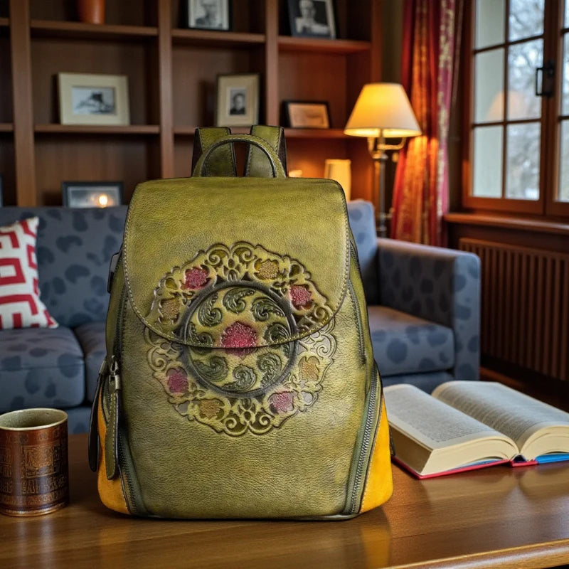 Sac à dos en cuir de vachette vert avec motif ethnique floral posé sur un bureau dans un intérieur chaleureux style bibliothèque