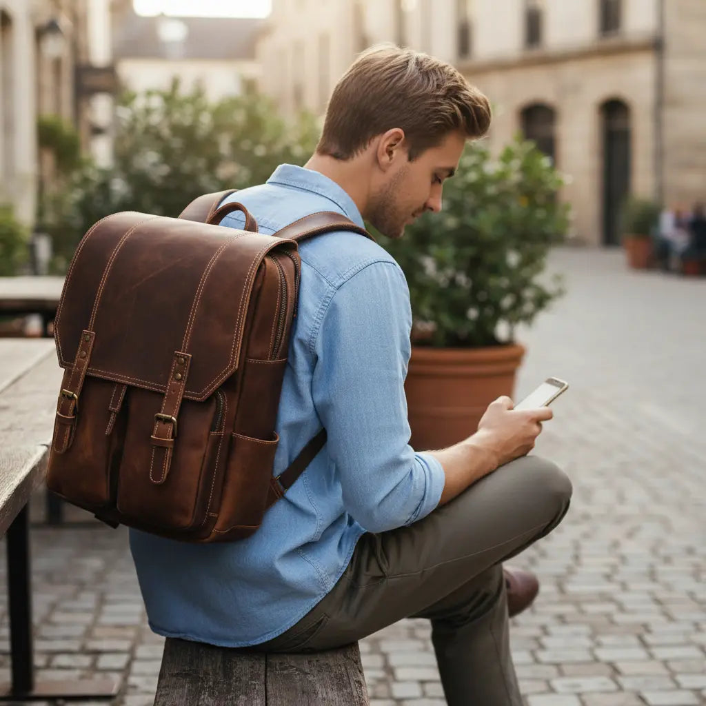 Homme assis en ville avec un sac à dos en cuir de vachette vintage lors d’un déplacement