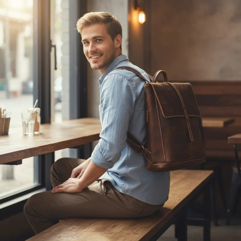 Sac à dos en cuir de vachette vintage porté par un homme en intérieur