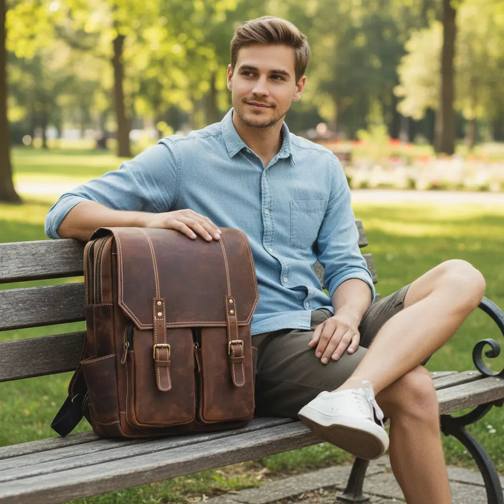 Sac à dos en cuir de vachette vintage posé à côté d’un homme au style élégant