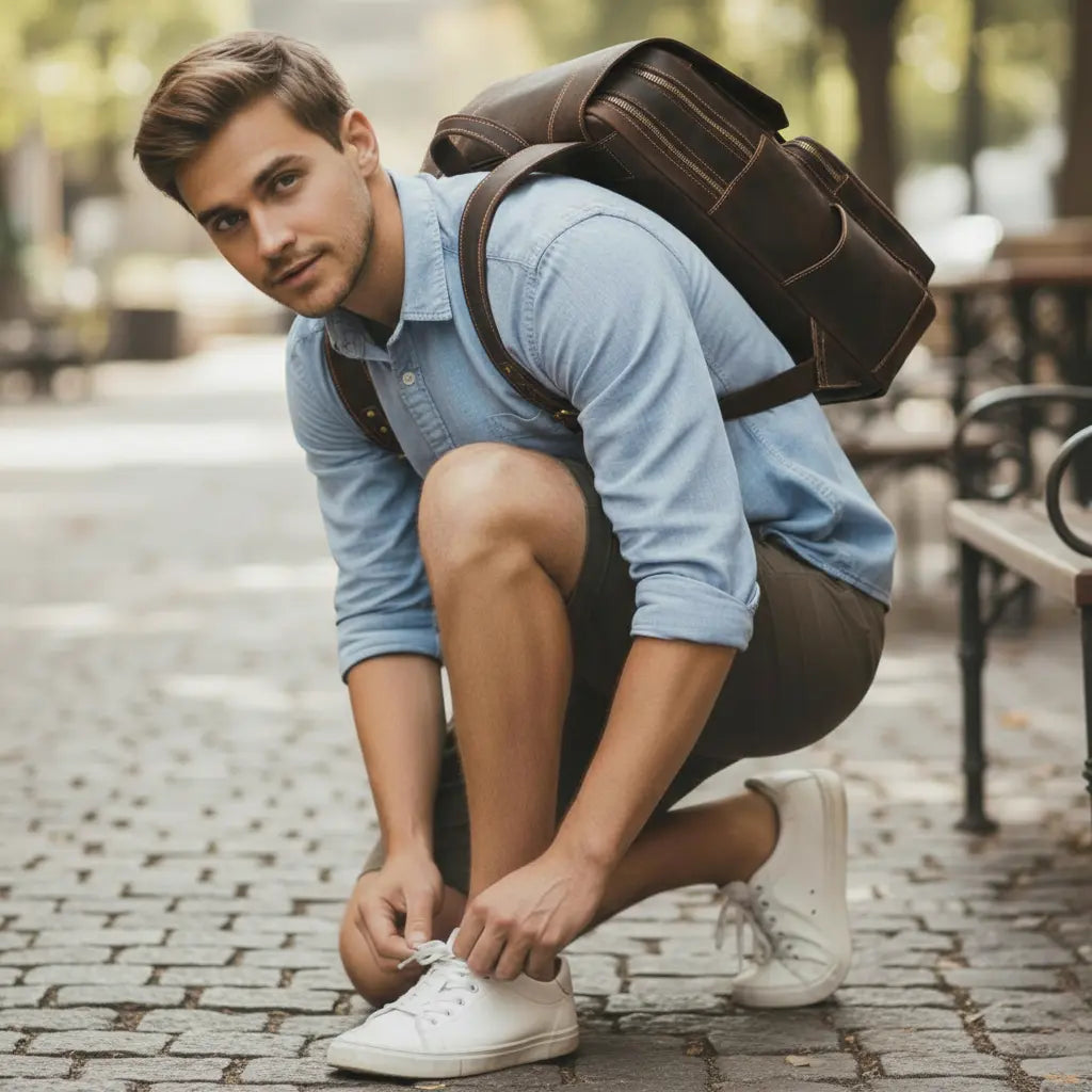 Sac à dos en cuir de vachette vintage porté par un homme dans un contexte quotidien