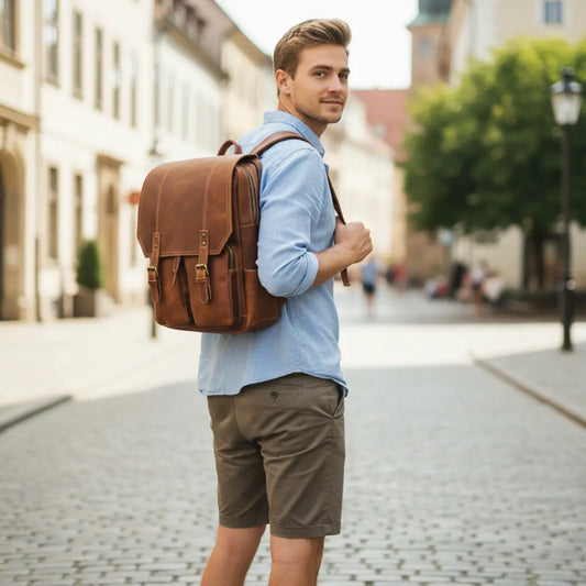 Homme portant un sac à dos en cuir de vachette vintage pour un usage urbain