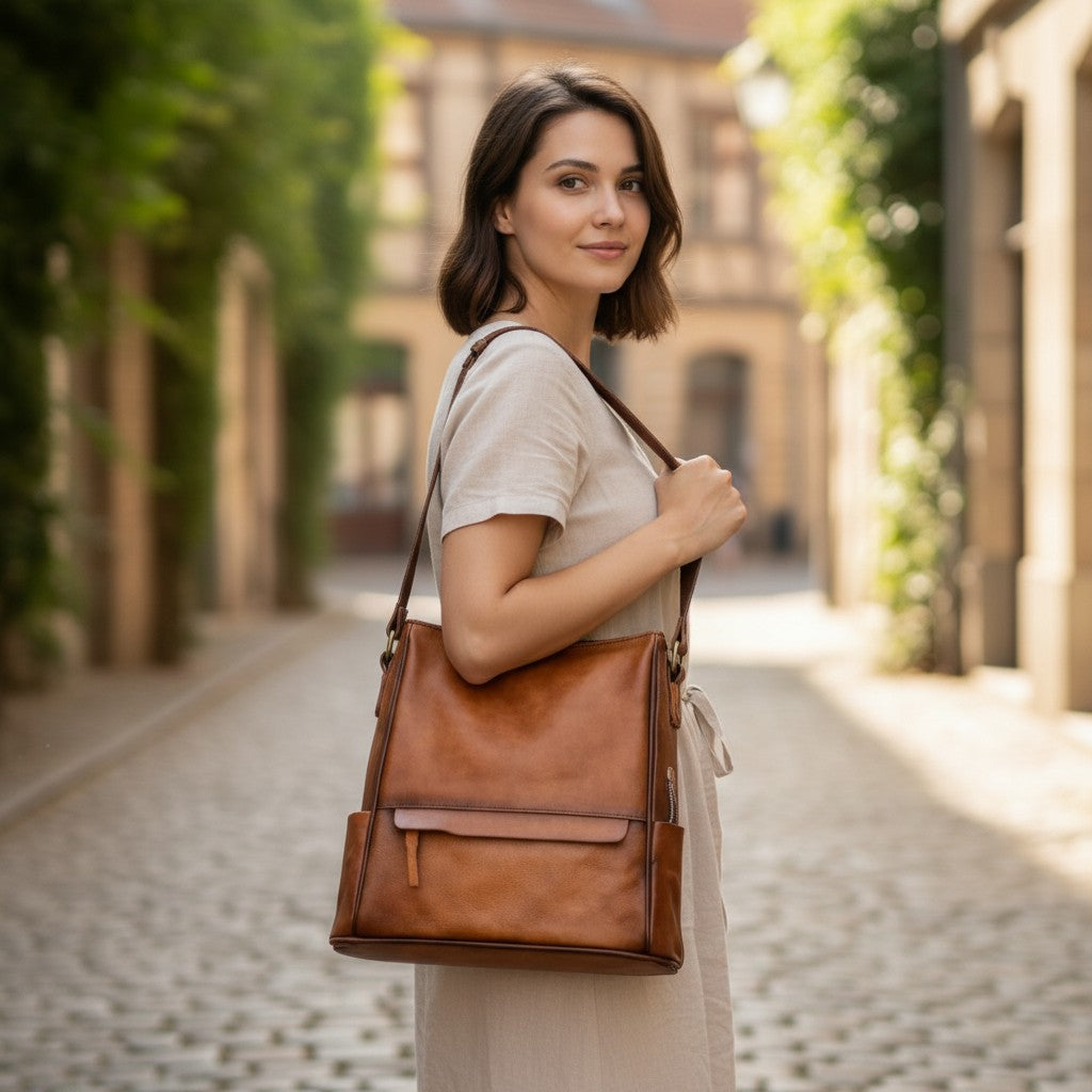 Femme portant un sac à dos en cuir véritable marron clair à l’épaule en extérieur