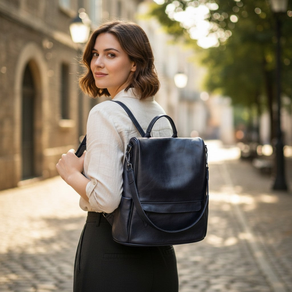 Femme portant un sac à dos en cuir véritable noir vu de dos en ville