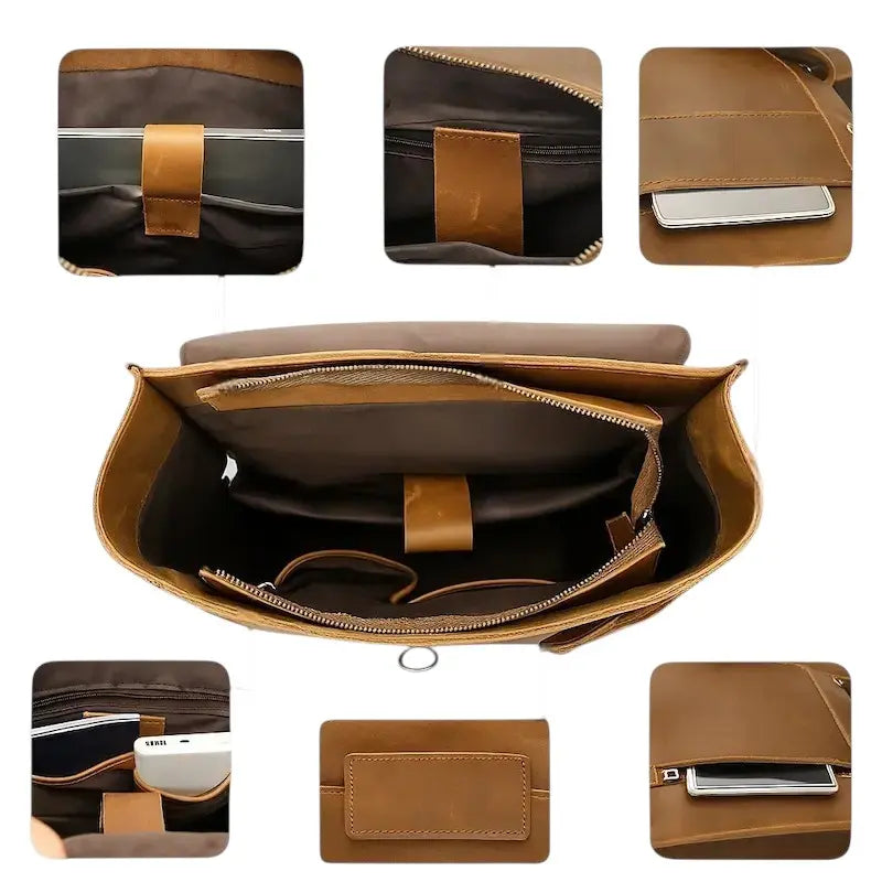 Organisation intérieure et compartiments du sac à dos en cuir véritable marron avec poche PC