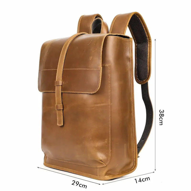 Sac à dos en cuir véritable de vachette marron avec dimensions 29 × 14 × 38 cm