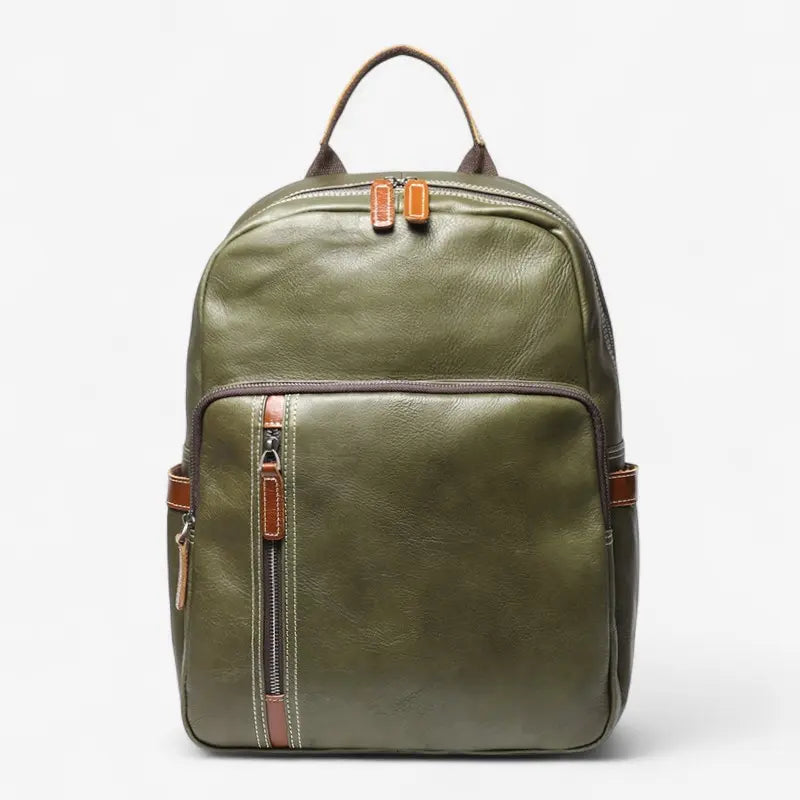 Sac à dos homme en cuir vert, vue de face avec fermeture verticale zippée