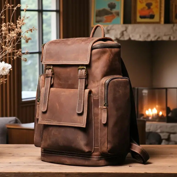 Sac à dos en cuir vintage pour homme couleur camel avec poches latérales posé sur une table 