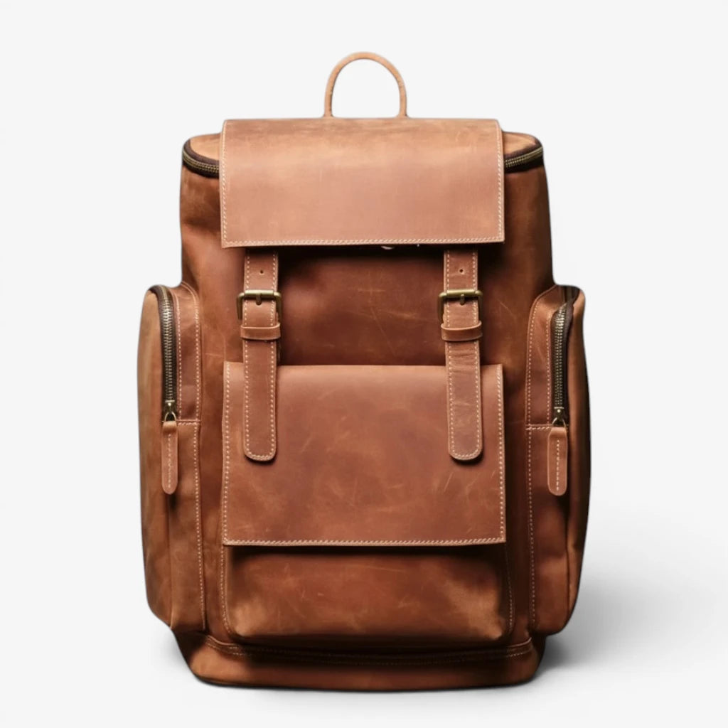 Sac à dos en cuir vintage pour homme couleur camel avec poches latérales