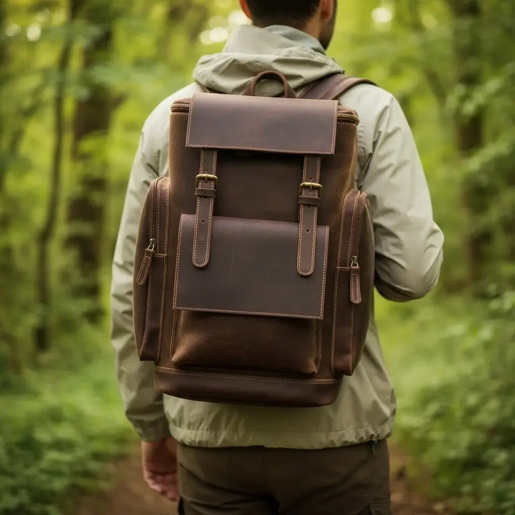 Homme portant un sac à dos vintage en cuir véritable marron lors d’une randonnée en forêt.