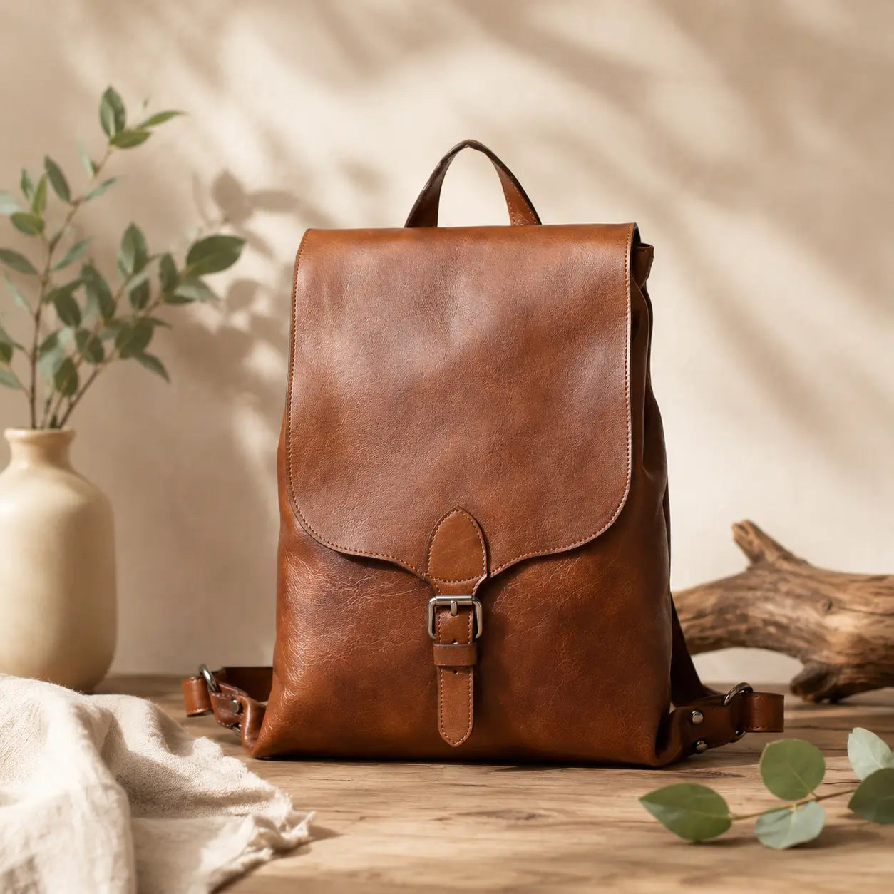 Sac à dos en cuir vintage marron posé sur une table en bois dans une ambiance naturelle et chaleureuse