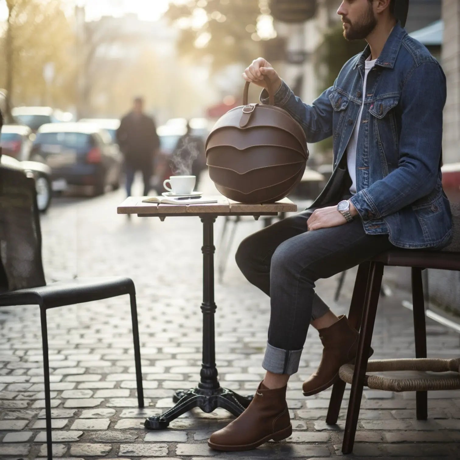 Sac à dos en cuir vintage scarabée marron posé en terrasse à côté d’un homme assis