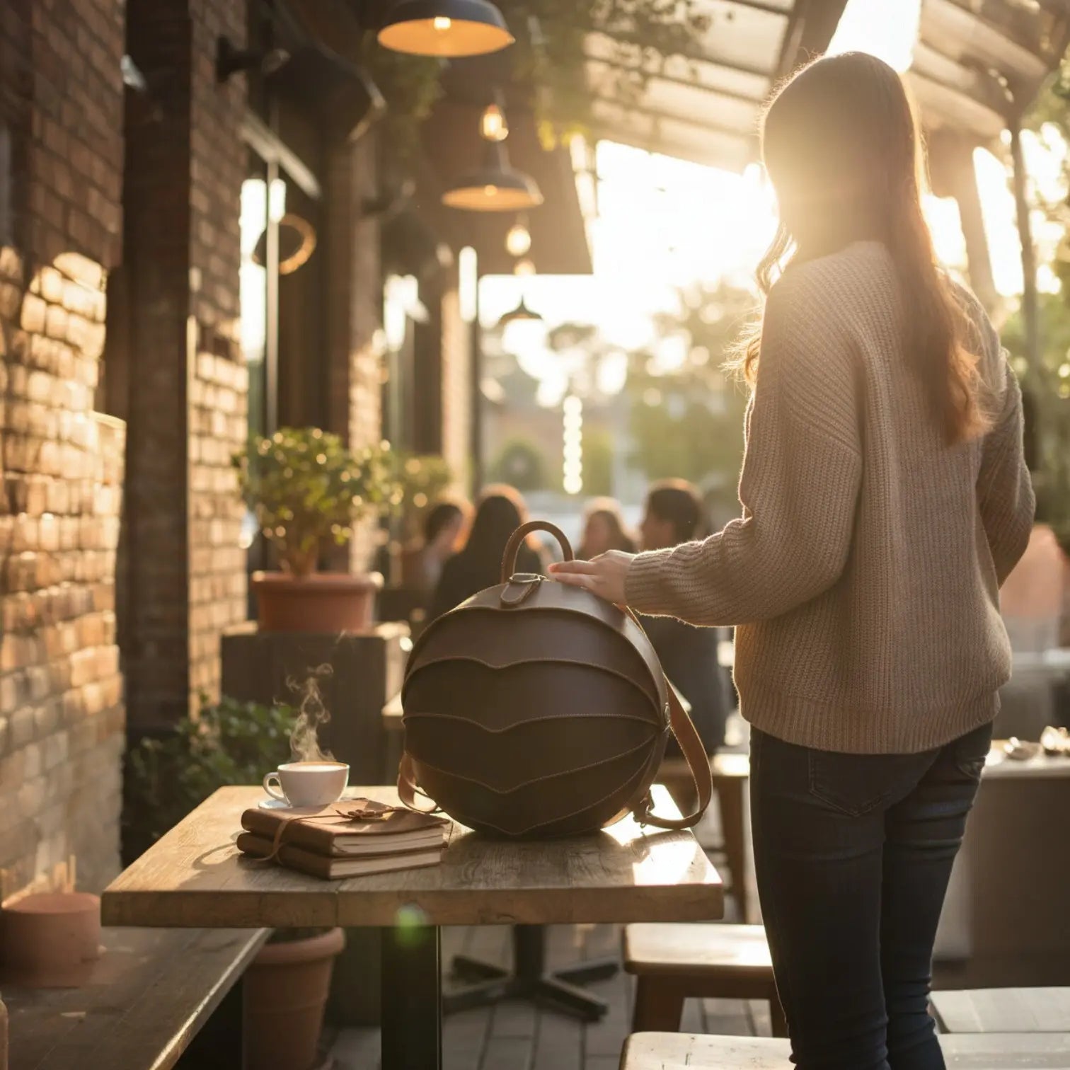 Sac à dos cuir vintage scarabée marron posé en terrasse avec une femme debout