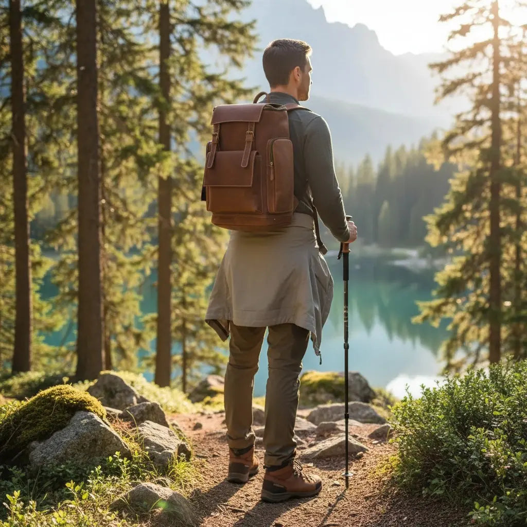 Homme avec sac à dos vintage en cuir de vachette face à un paysage de montagne et lac.