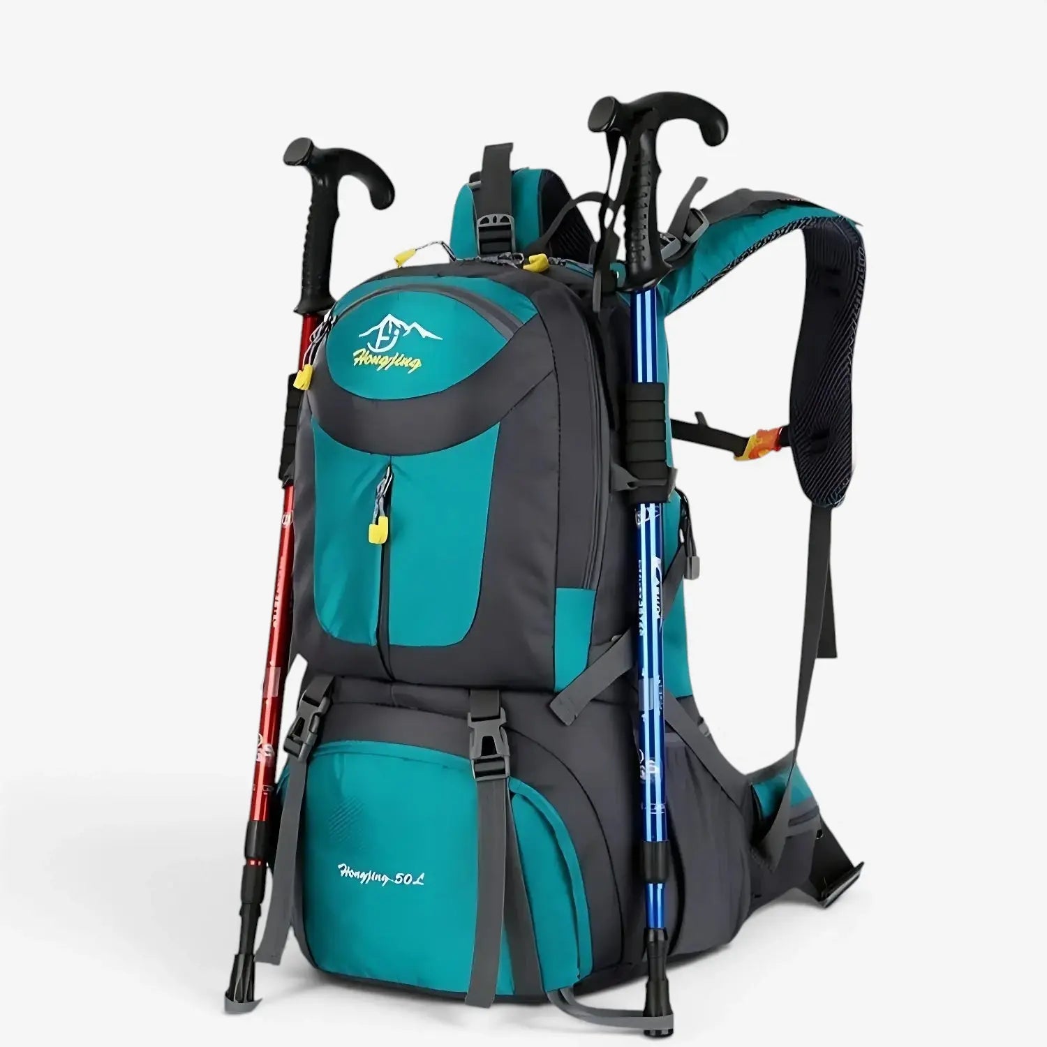 Sac à dos randonnée 40L bleu et gris – modèle imperméable avec sangles latérales pour bâtons de marche, idéal trekking et outdoor