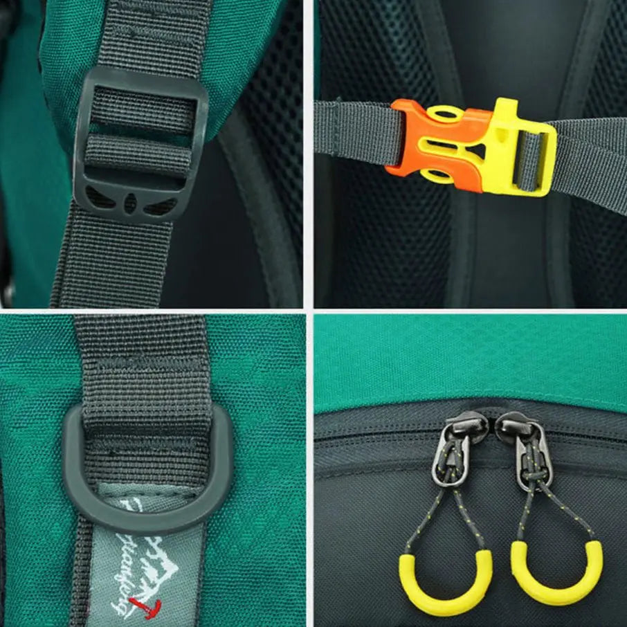 Détails sac à dos randonnée 40L – boucles de réglage, sifflet intégré, fermetures zippées renforcées et crochets jaunes robustes