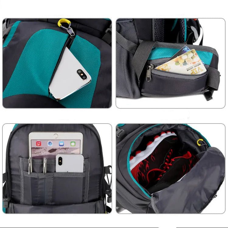 Compartiments sac à dos randonnée 40L – poches latérales zippées, poche frontale pour tablette, espace chaussures et porte-stylos