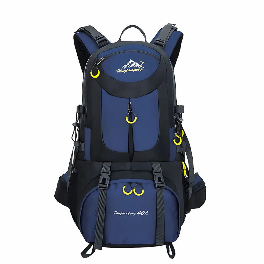 Sac à dos de randonnée 40L bleu et noir – design robuste avec attaches jaunes – sac outdoor imperméable et ergonomique pour trekking