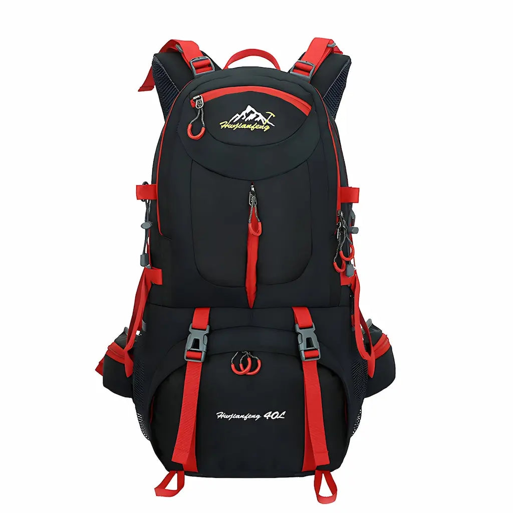 Sac à dos de randonnée 40L noir et rouge, léger et robuste pour trekking & outdoor – modèle unisexe avec sangles de compression et multiples poches – sac de sport et voyage