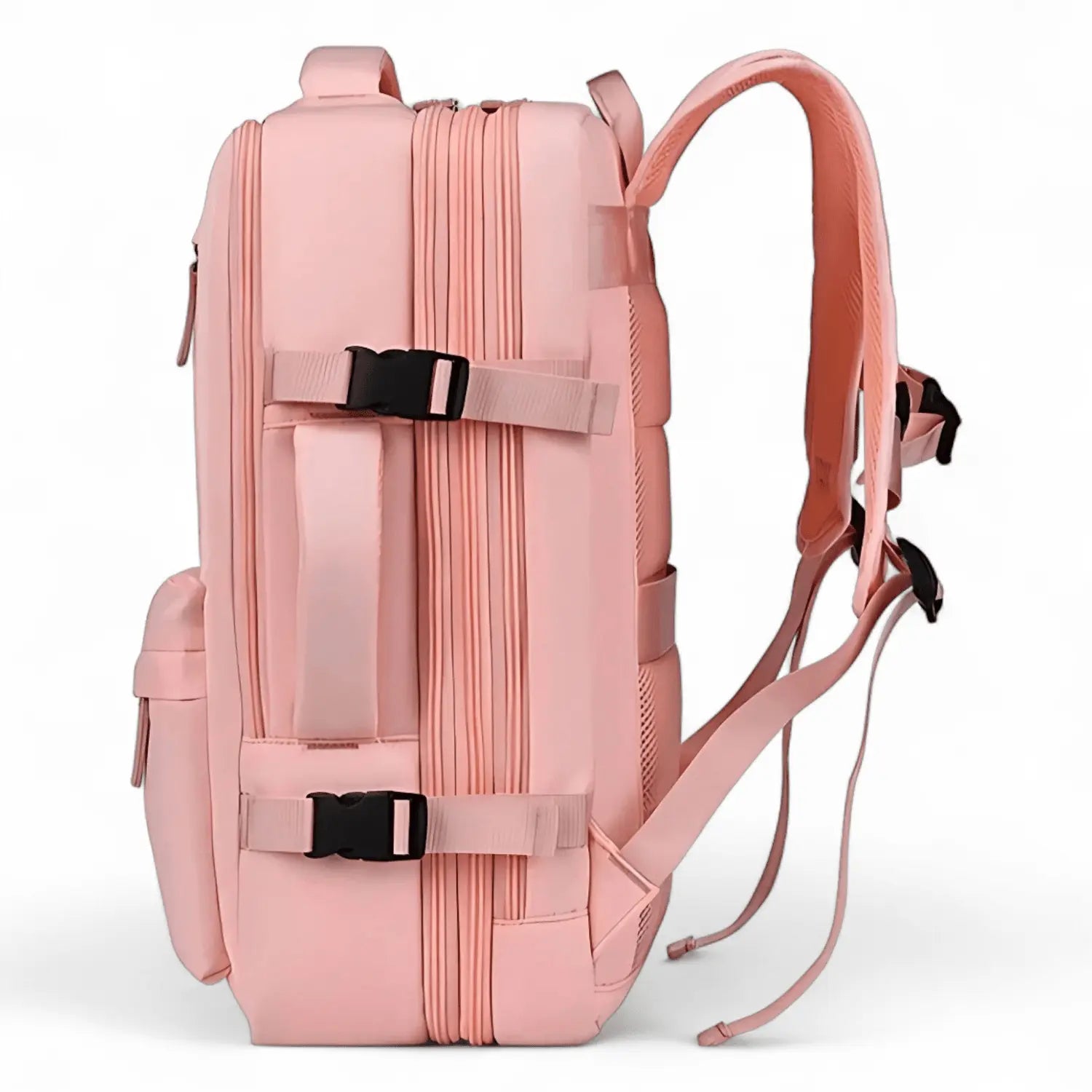 Vue latérale du sac à dos rose 35L avec port USB – Grand compartiment cabine