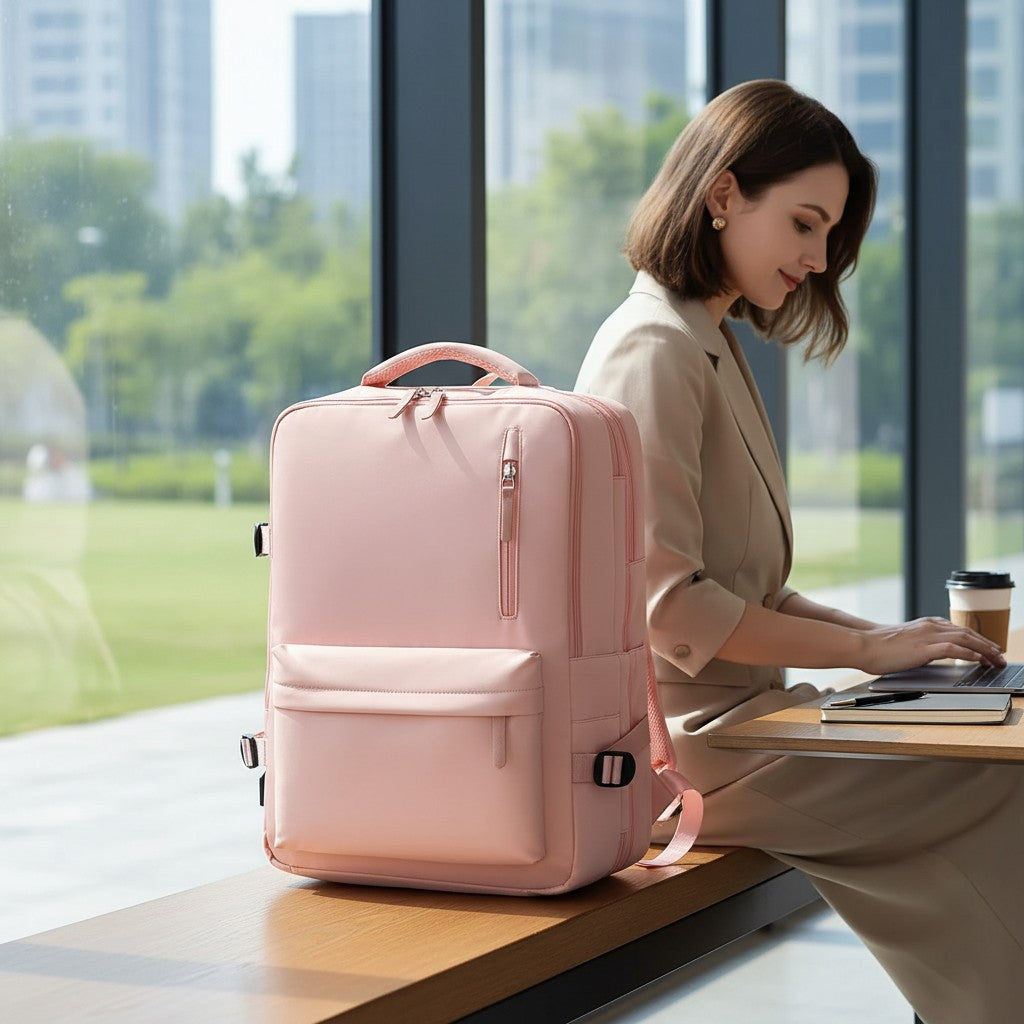 Sac à dos de voyage 35L rose – Grand compartiment cabine, multipoches et port USB