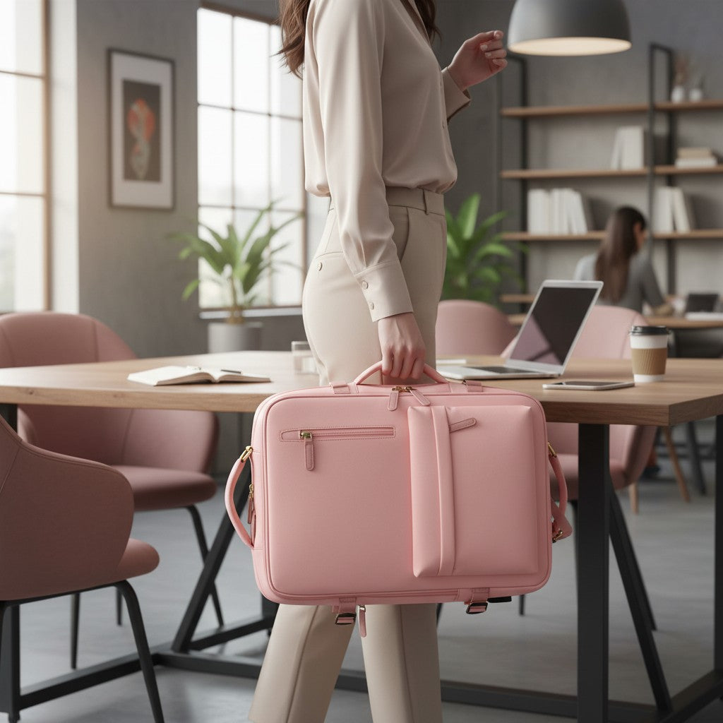 Sac cabine 35L rose – porté à la main en mode valise par un adulte, style urbain