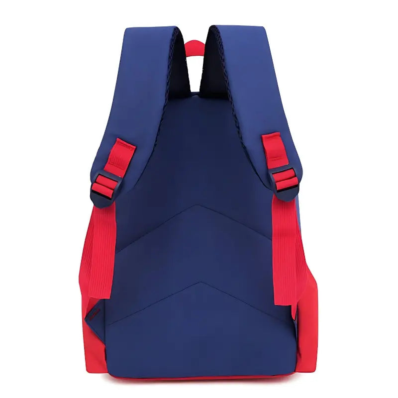 Sac à dos dinosaure bleu et rouge vu de dos avec bretelles réglables