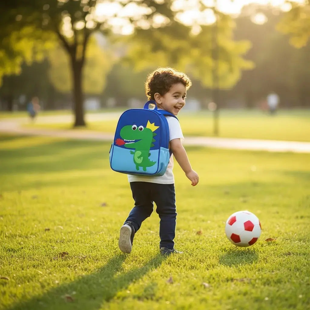 Enfant portant un sac à dos dinosaure bleu et rouge avec motif couronne dans un parc.