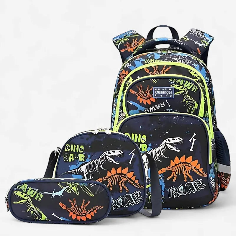 Sac à dos dinosaure multicolore garçon 3 pièces avec trousse et sac repas