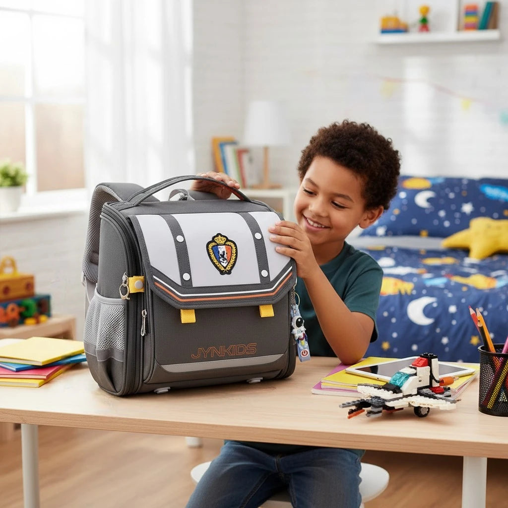 Sac a dos scolaire cartable  posé sur un bureau dans une chambre de garçon 
