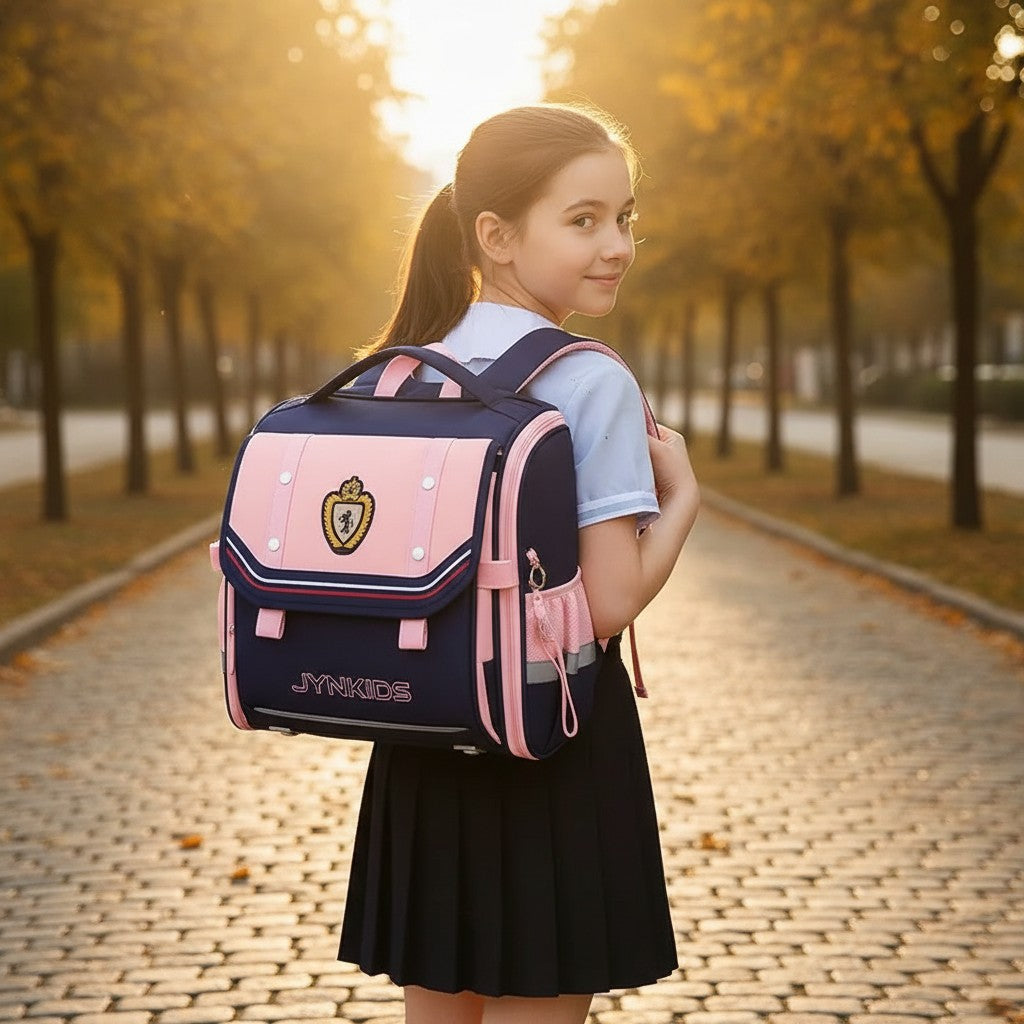 Sac à dos scolaire rose et bleu style britannique avec écusson doré et porte-clés – porté par une écolière en tenue uniforme