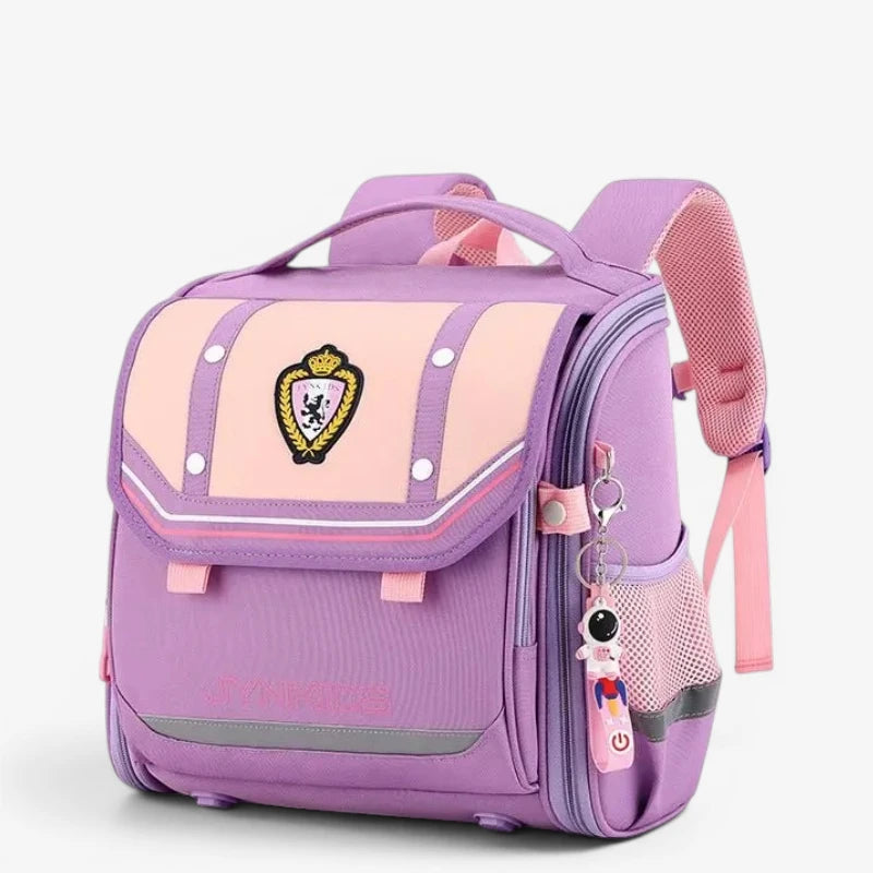 Sac à dos scolaire rose et violet pour fille, rabat rigide avec écusson brodé, poignée supérieure et porte-clés astronaute décoratif