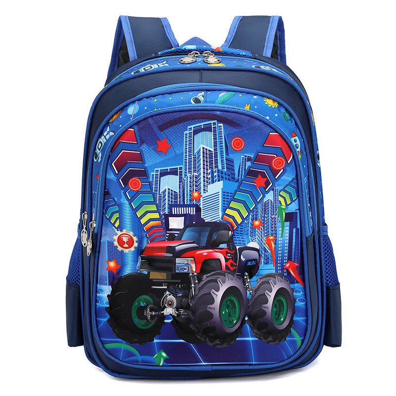 Sac à dos bleu pour enfant avec motif monster truck en ville