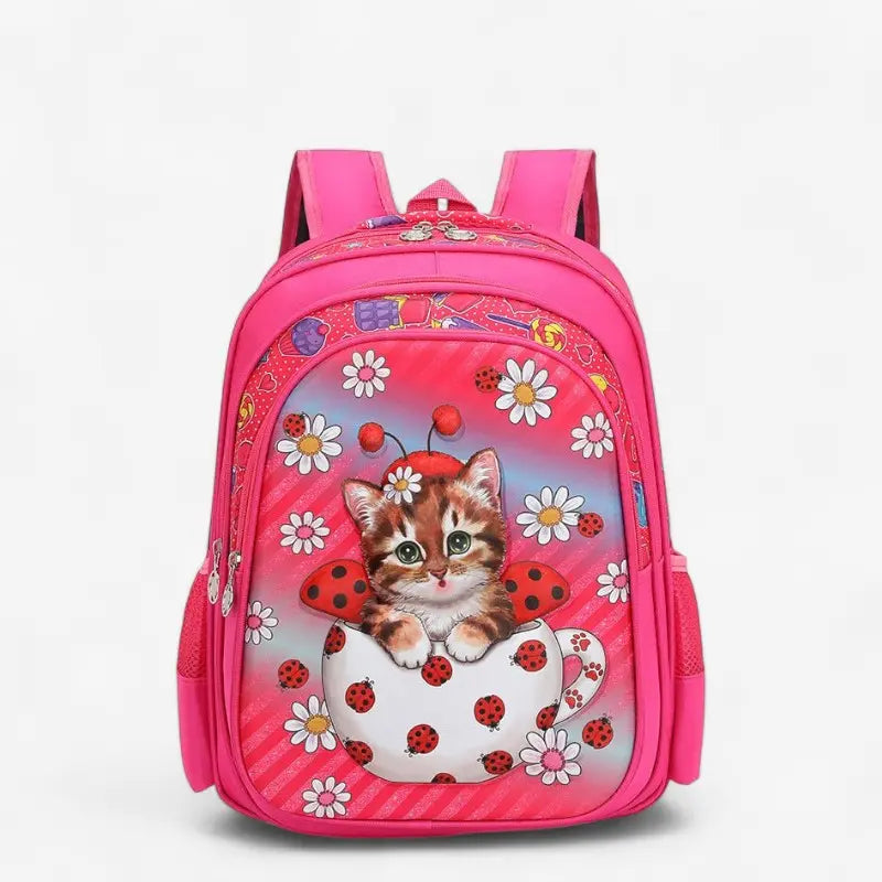 Sac à dos rose pour fille avec motif chat et fleurs blanches